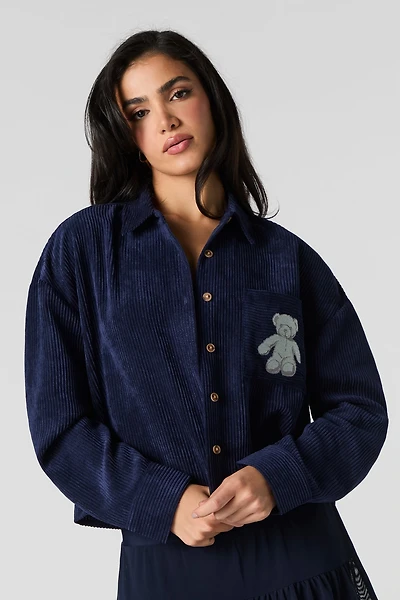 Embroidered Pocket Corduroy Button-Up Cropped Top