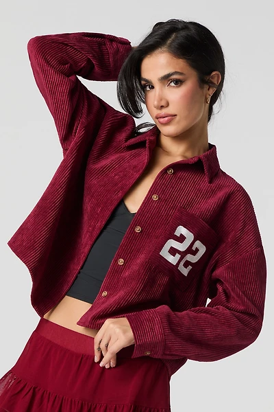 Embroidered Pocket Corduroy Button-Up Cropped Top