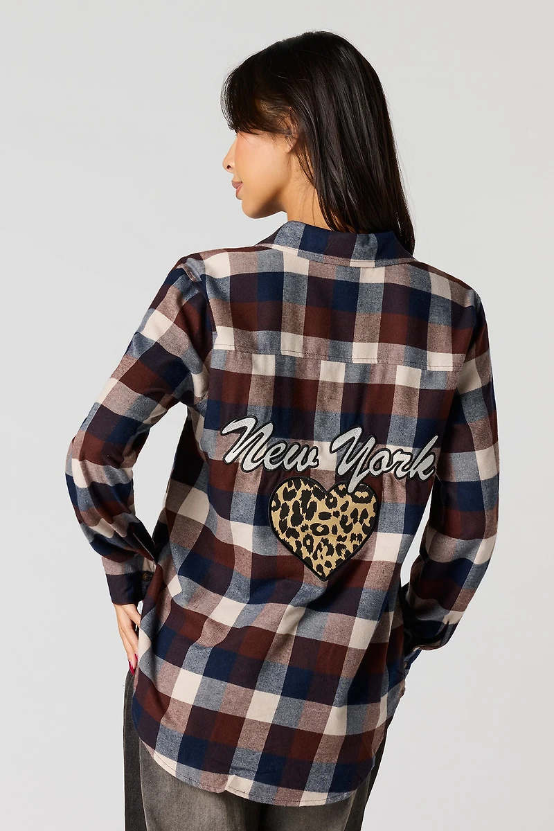 Embroidered Flannel Button-Up Top