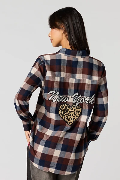 Embroidered Flannel Button-Up Top