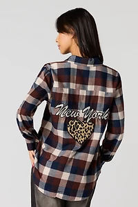 Embroidered Flannel Button-Up Top