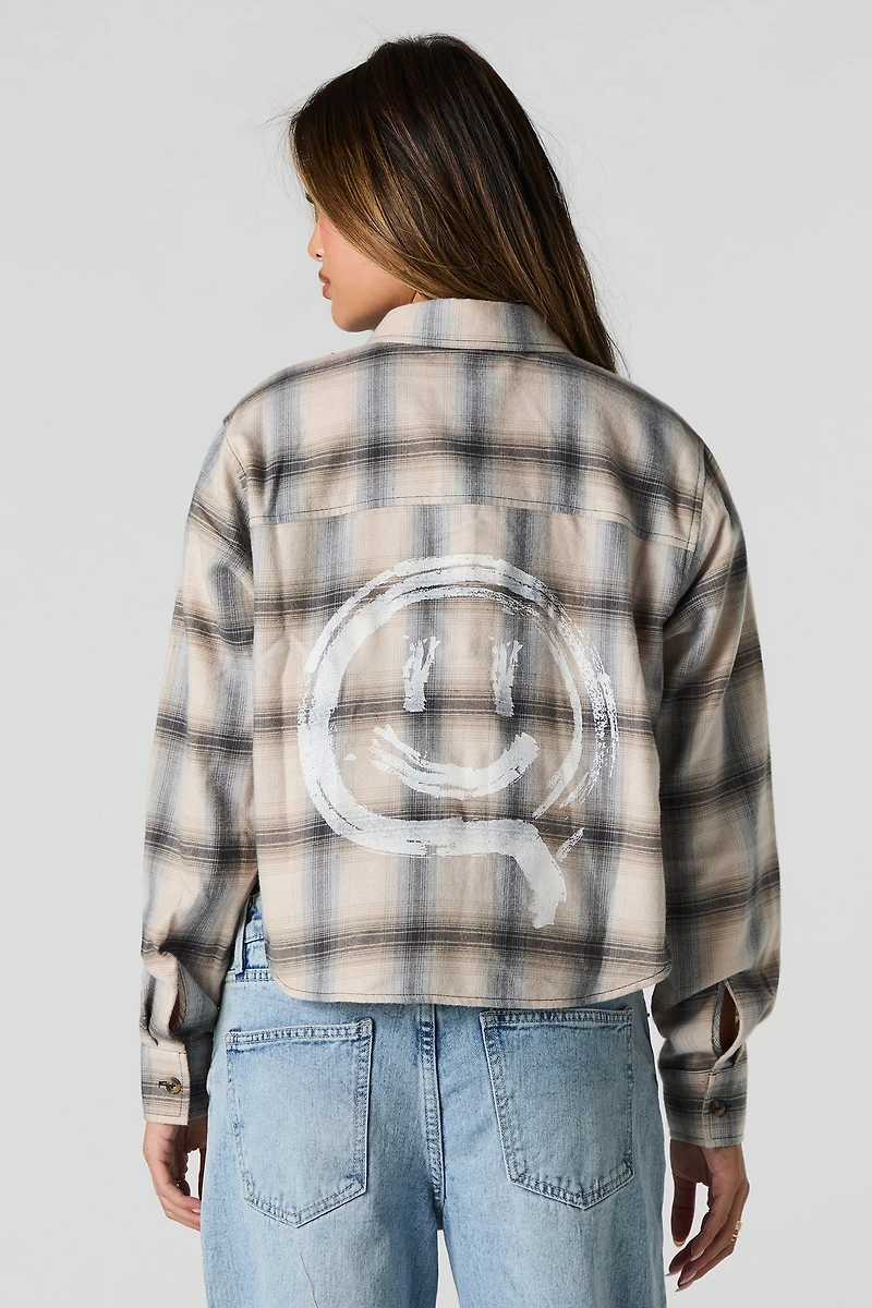 Graphic Plaid Cropped Button-Up Top