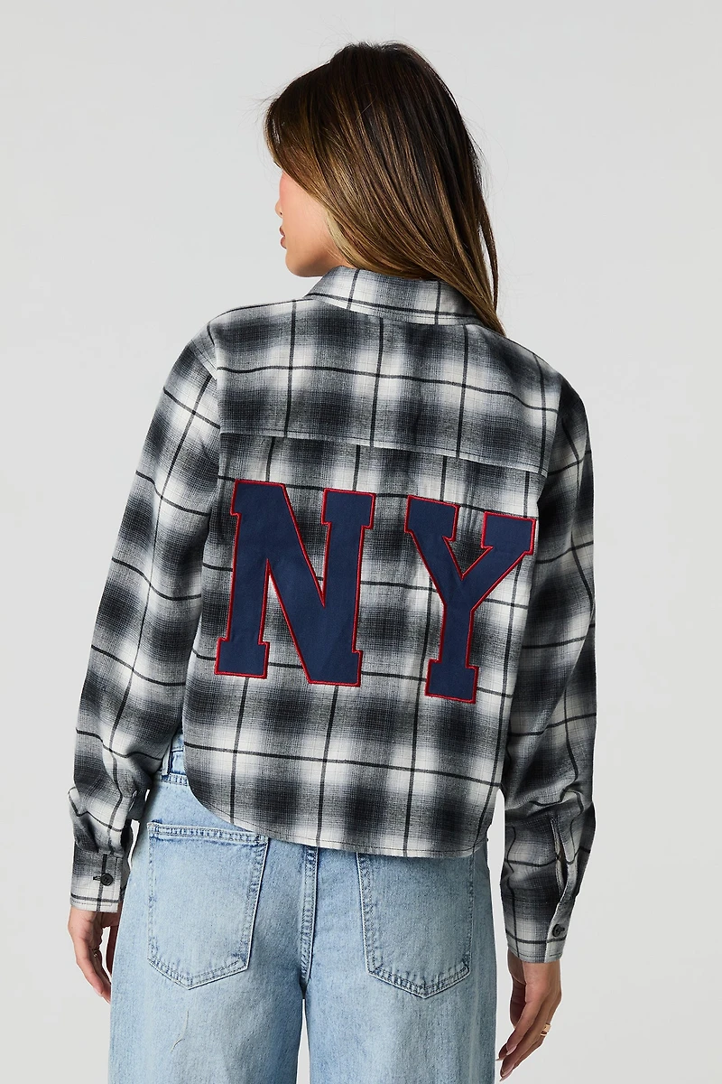 Twill Embroidered Plaid Cropped Button-Up Top
