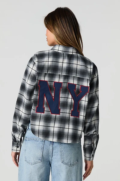 Twill Embroidered Plaid Cropped Button-Up Top
