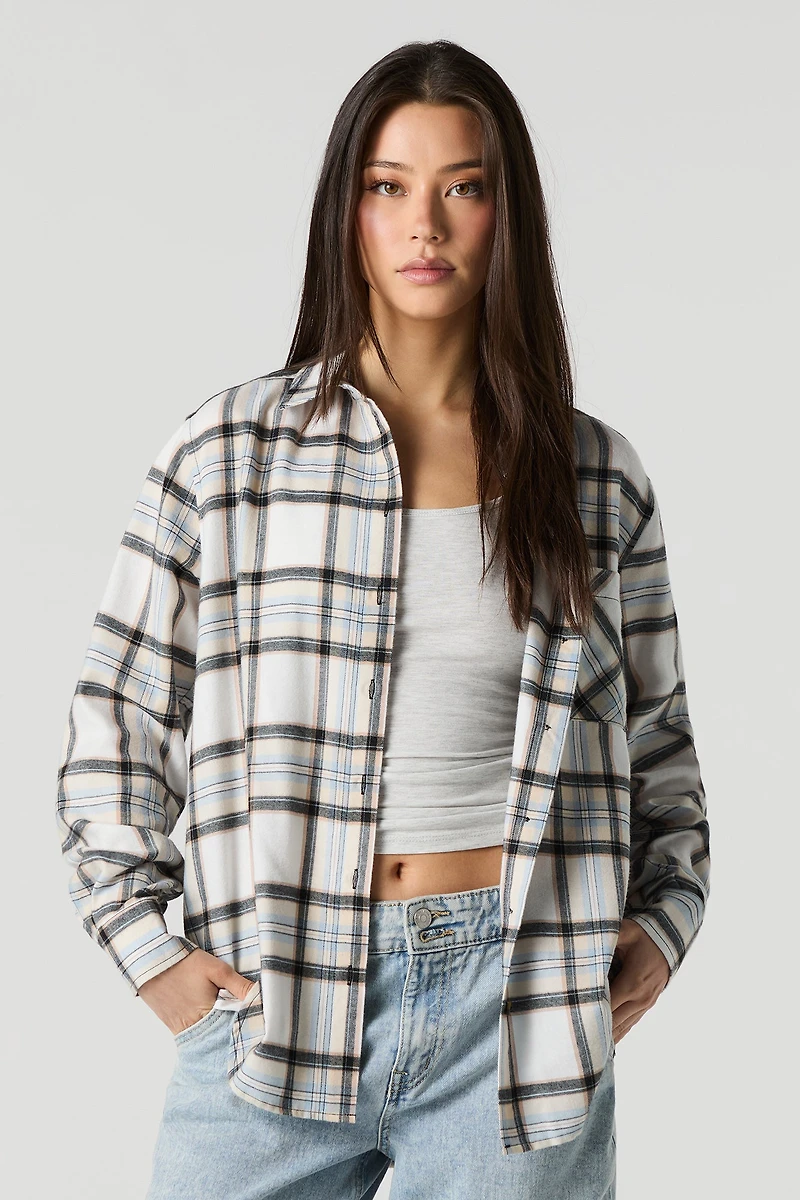 Plaid Flannel Long Sleeve Button-Up Top