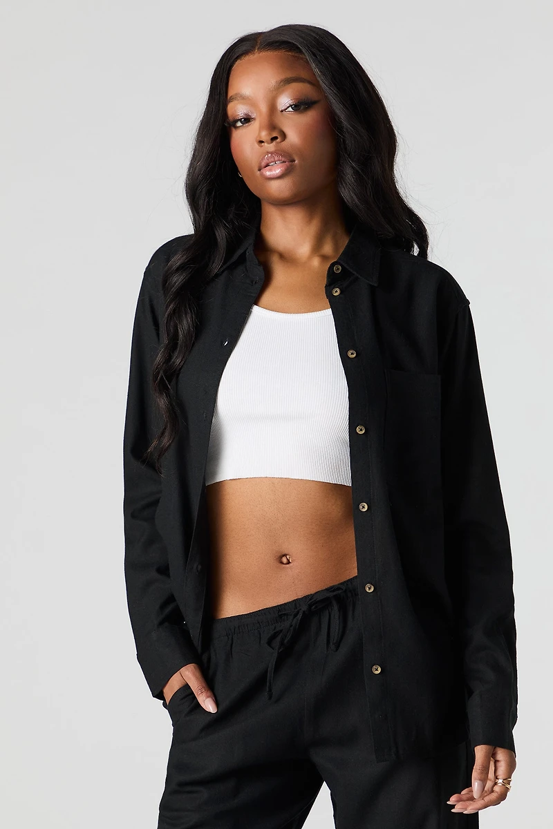 Linen-Blend Long Sleeve Button-Up Top
