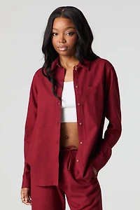 Linen-Blend Long Sleeve Button-Up Top