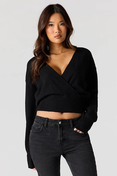 V-Neck Wrap Knit Long Sleeve Top