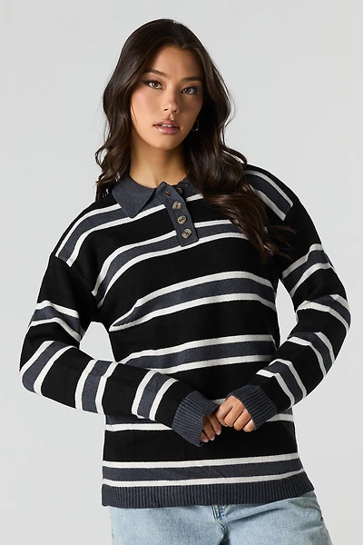 Knit Button-Up Collared Long Sleeve Top