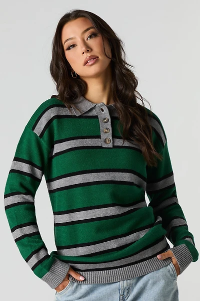 Knit Button-Up Collared Long Sleeve Top