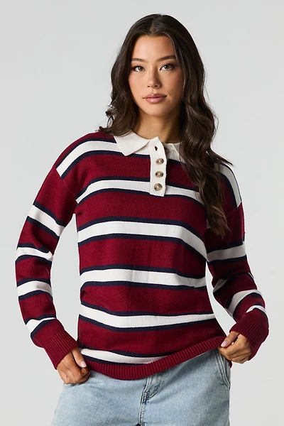Knit Button-Up Collared Long Sleeve Top