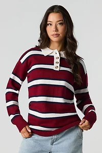 Knit Button-Up Collared Long Sleeve Top