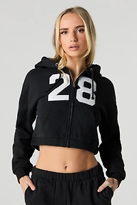 Embroidered Cropped Fleece Zip-Up Hoodie