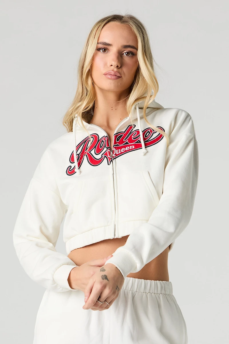 Embroidered Cropped Fleece Zip-Up Hoodie