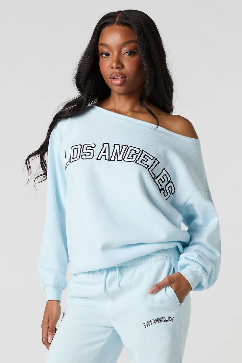LA Twill Embroidered Off Shoulder Fleece Sweatshirt