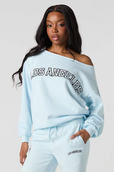 LA Twill Embroidered Off Shoulder Fleece Sweatshirt