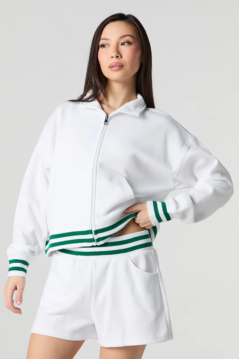 Active Striped Trim Zip-Up Fleece Sweatshirt