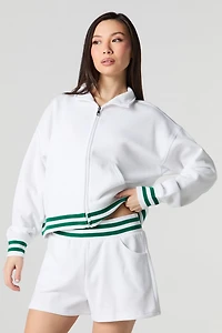 Active Striped Trim Zip-Up Fleece Sweatshirt
