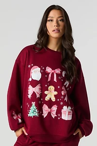 Christmas Bows & Santa Graphic Fleece Sweatshirt