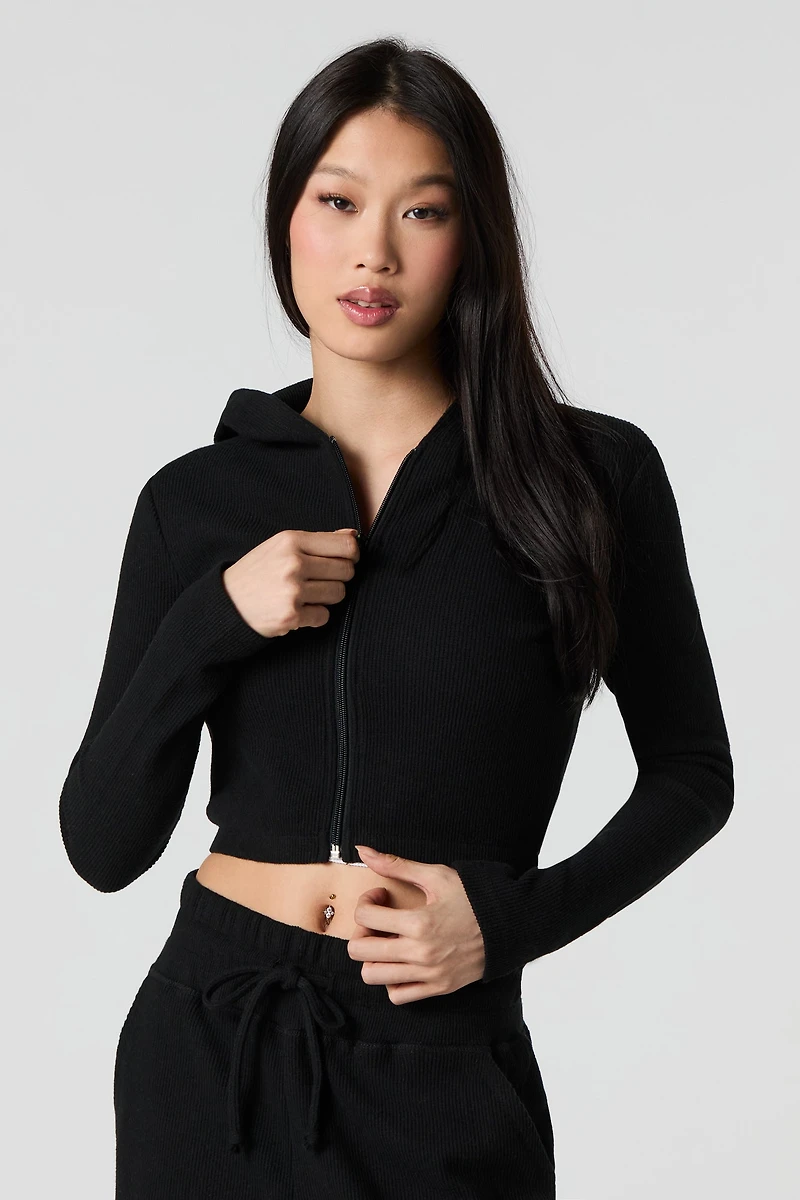 Ribbed Fleece Zip-Up Cropped Hoodie