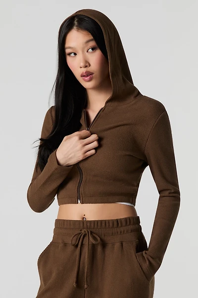 Ribbed Fleece Zip-Up Cropped Hoodie