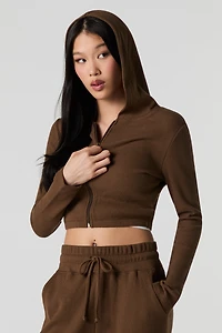 Ribbed Fleece Zip-Up Cropped Hoodie