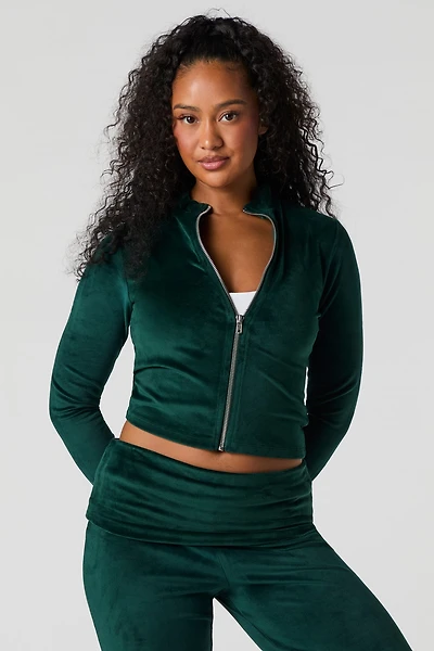 Velour Zip-Up Long Sleeve Top