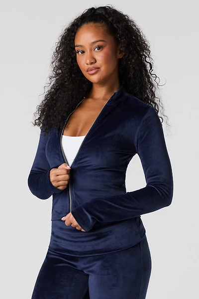 Velour Zip-Up Long Sleeve Top