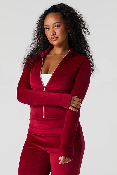 Velour Zip-Up Long Sleeve Top