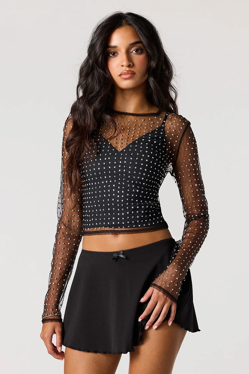Mesh Rhinestone Long Sleeve Top