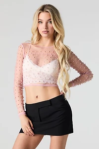 Sheer Mesh Faux Pearl Long Sleeve Top