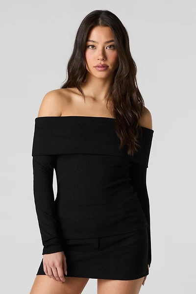 Ribbed Knit Off Shoulder Long Sleeve Top