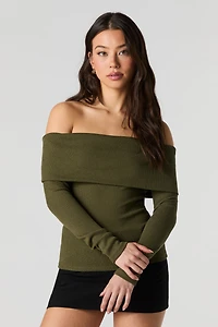 Ribbed Knit Off Shoulder Long Sleeve Top