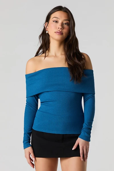 Ribbed Knit Off Shoulder Long Sleeve Top