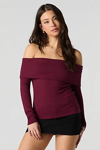 Ribbed Knit Off Shoulder Long Sleeve Top