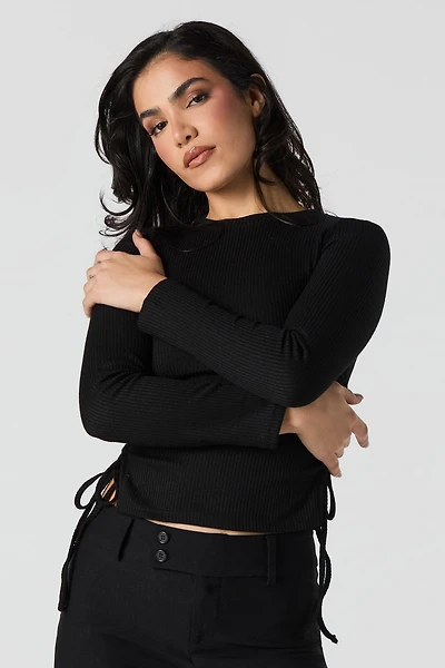 Ribbed Drawstring Side Long Sleeve Top