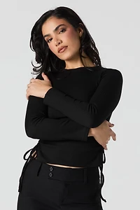 Ribbed Drawstring Side Long Sleeve Top
