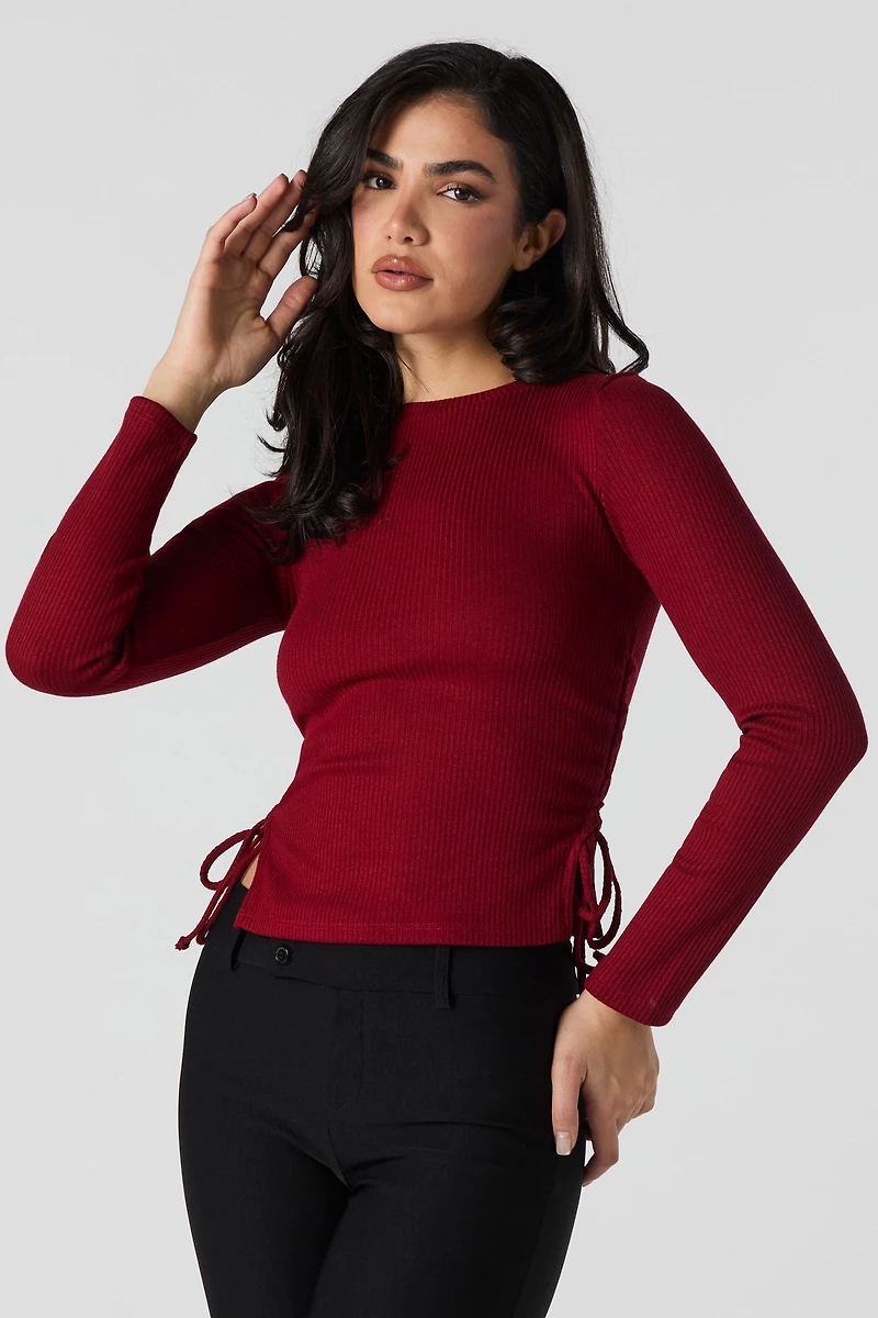 Ribbed Drawstring Side Long Sleeve Top