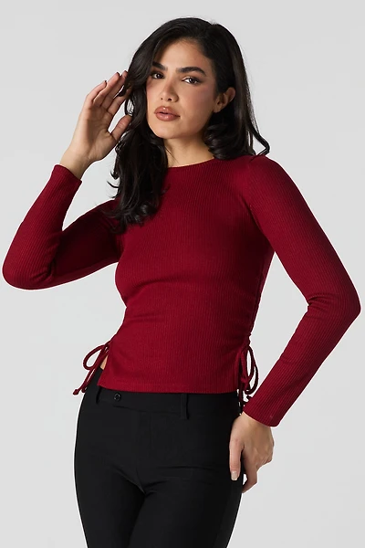 Ribbed Drawstring Side Long Sleeve Top