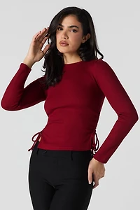 Ribbed Drawstring Side Long Sleeve Top