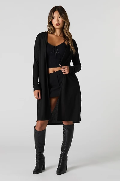 Ribbed Knit Open Front Longline Cardigan