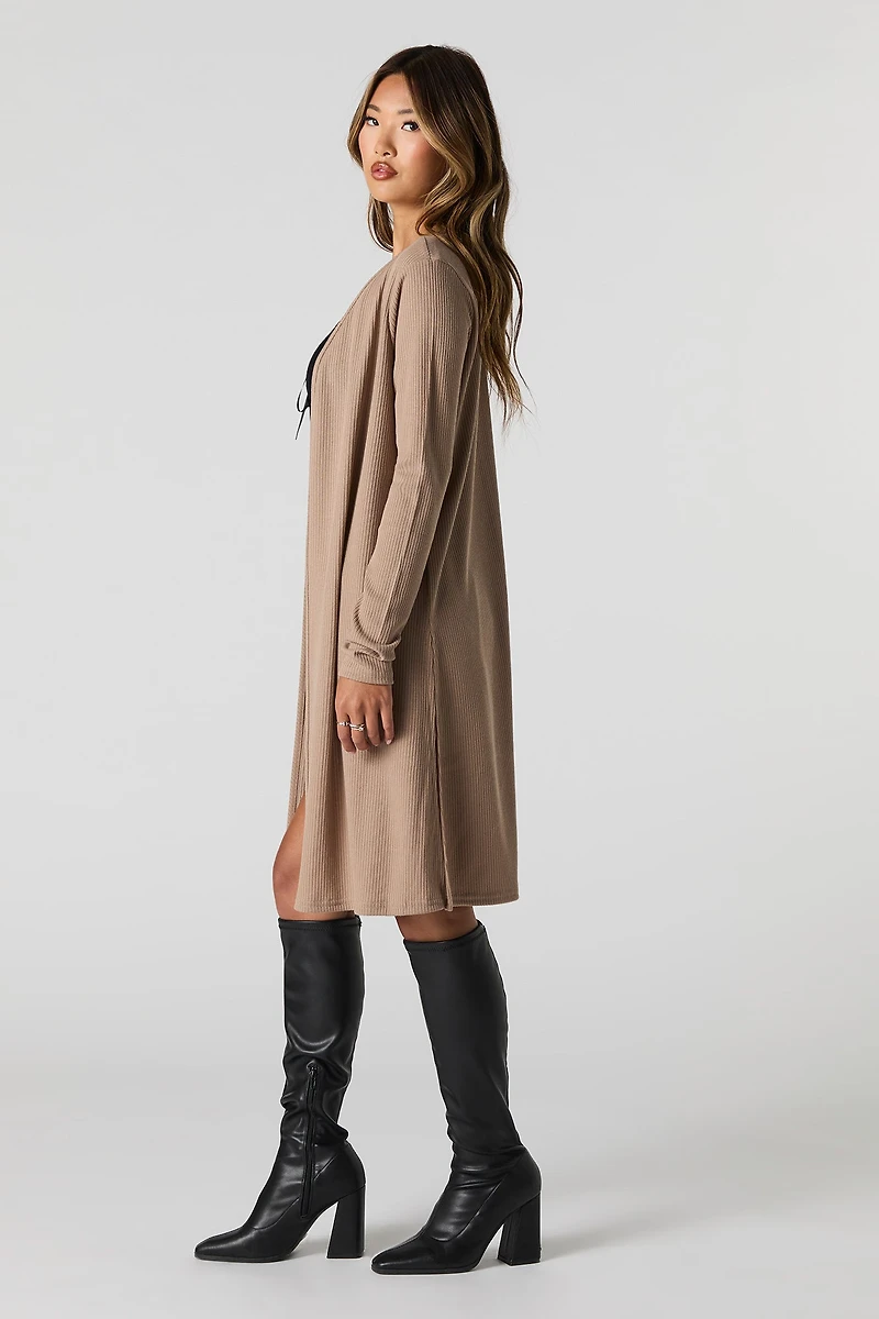 Cardigan ouvert long en tricot côtel