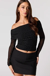 Rhinestone Mesh Off Shoulder Top