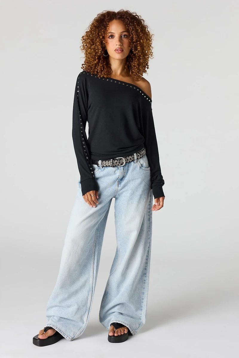 Studded Boatneck Long Sleeve Top
