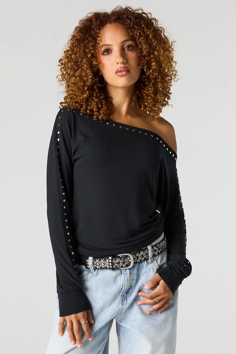 Studded Boatneck Long Sleeve Top