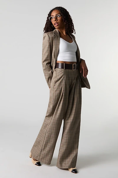 Plaid Belted Wide Leg Dress Pant