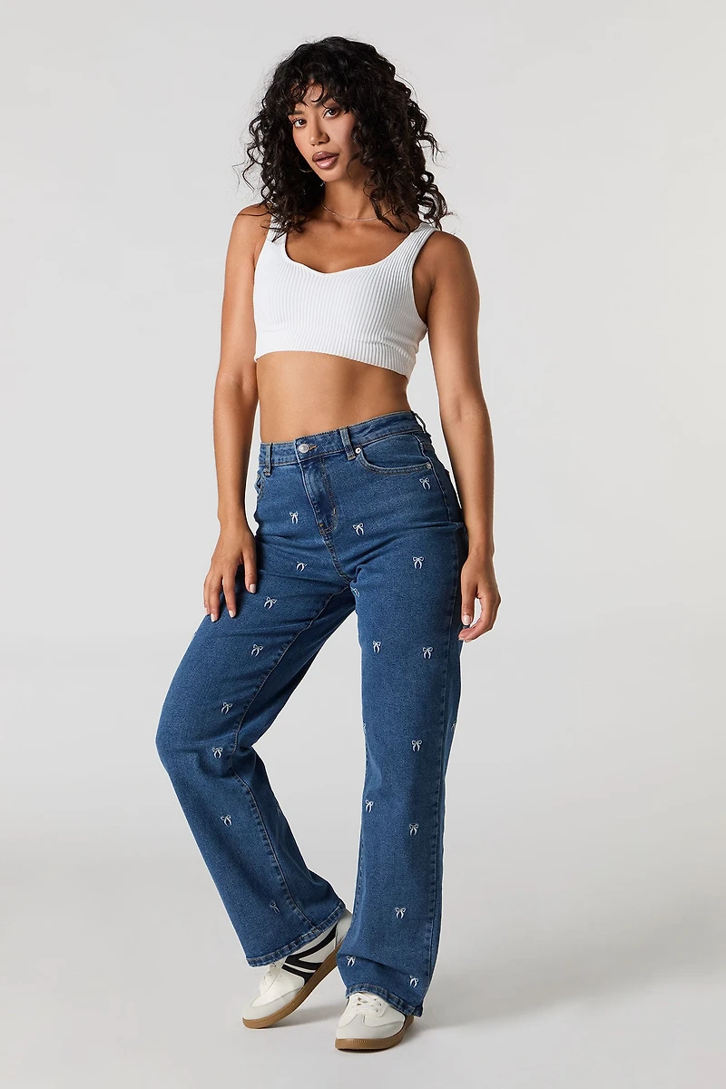 Embroidered Mid Rise Wide Leg Jean