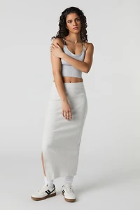 Jupe midi moulante côtelée à taille en V