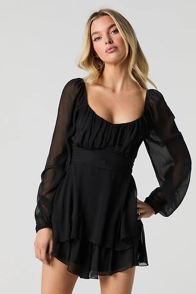 Chiffon Tiered Long Sleeve Mini Romper
