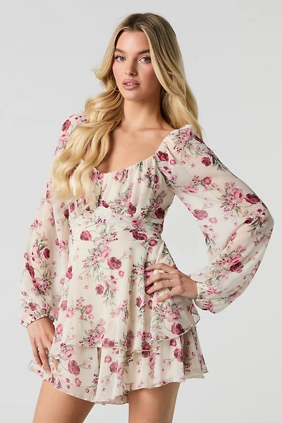 Minicombi-short volanté en chiffon à manches longues